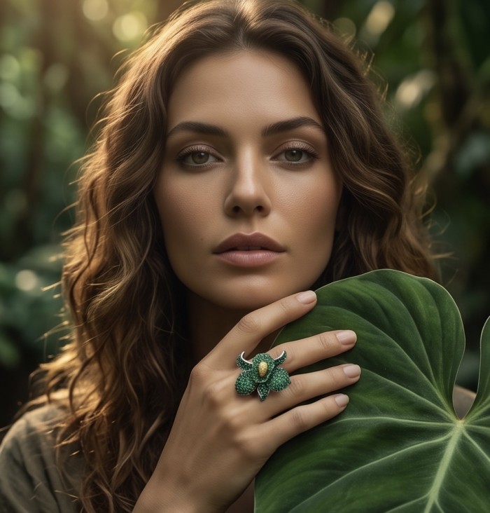 Precious Orchid Bloosom Genuine pave 18.5 carat Emerald .925 Sterling Silver handmade LARGE Statement Ring size 7 - Emerald orchid ring worn on hand with leafy background.