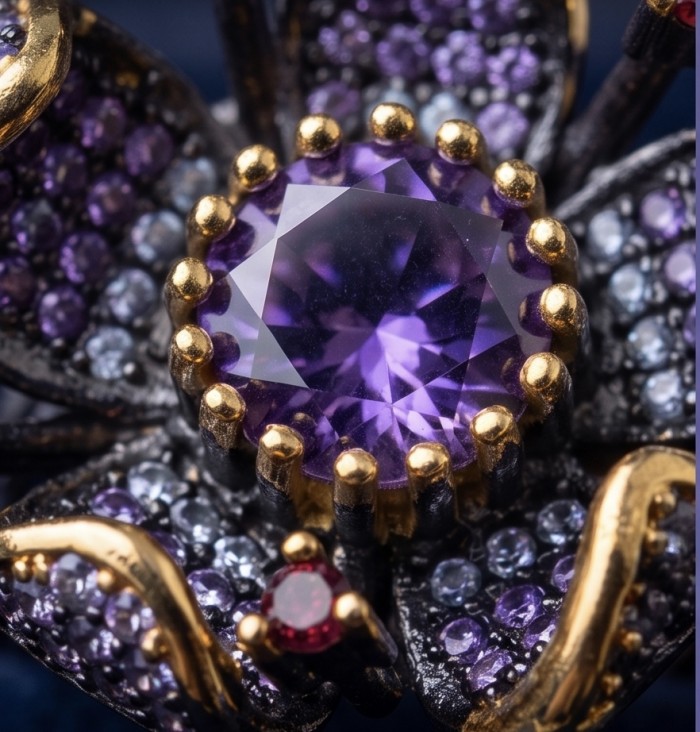 Exotic Flower 4.2 carat Amethyst .925 Sterling Silver dipped in Rhodium 18K Gold Handcrafted Ring size 8 - Close-up of Exotic Flower Amethyst in sterling silver setting.