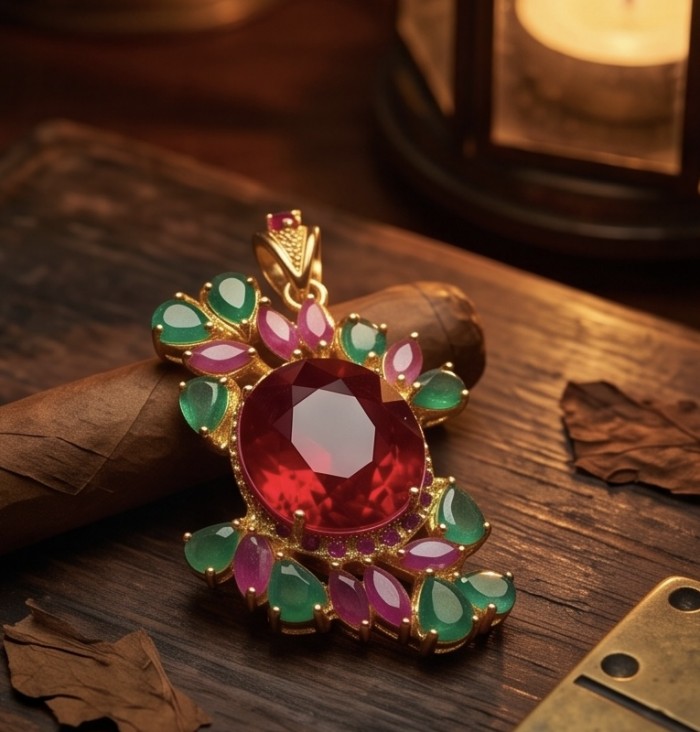 Abundant Blessings Genuine 22.5 carat Ruby 8.2 carat Emerald 18K Gold over .925 Sterling Silver handmade Pendant - Close-up of pendant with 22.5 carat ruby and 8.2 carat emeralds.
