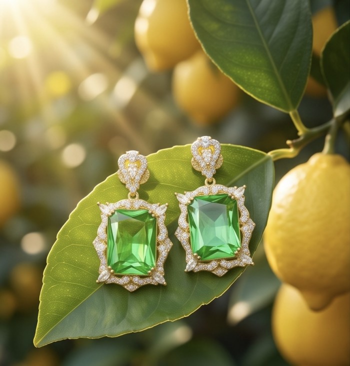 Green Cascade - 12.5 carat Green Topaz 14K Gold over .925 Sterling Silver handmade Statement earrings - Green topaz earrings on a leaf in sunlight, side view