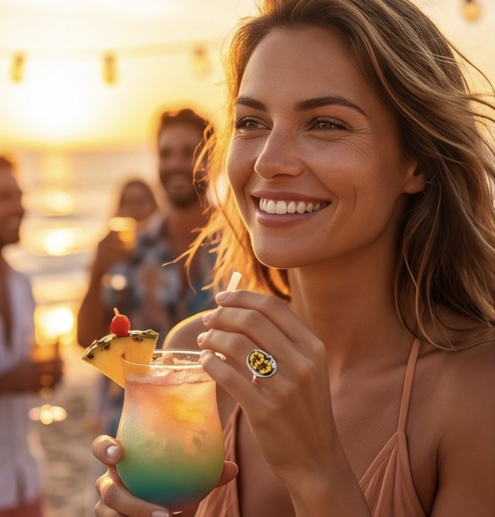 Beautiful Authentic Funflowers carved Baltic Amber .925 Sterling Silver handcrafted ring; s. 7 adjustable - Amber ring worn on hand holding a colorful cocktail at sunset beach party.