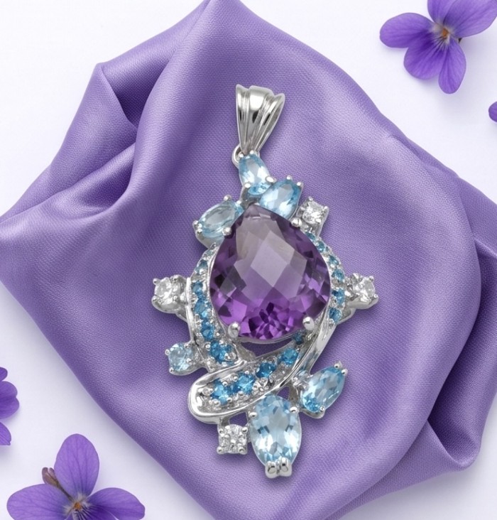 RARE BEAUTY! Valentina 22.2 carat Amethyst .925 Sterling Silver dipped in rhodium Statement pendant - Amethyst pendant on lavender fabric, top view with side stones in focus.