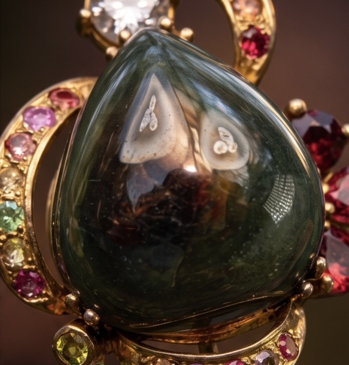 Rare finding! 24.4 carat authentic Kashmir Star Sapphire 22K Gold over .925 Sterling Silver handmade Statement Pendant - Close-up of 24.4 carat Kashmir star ruby with colorful gemstone accents.
