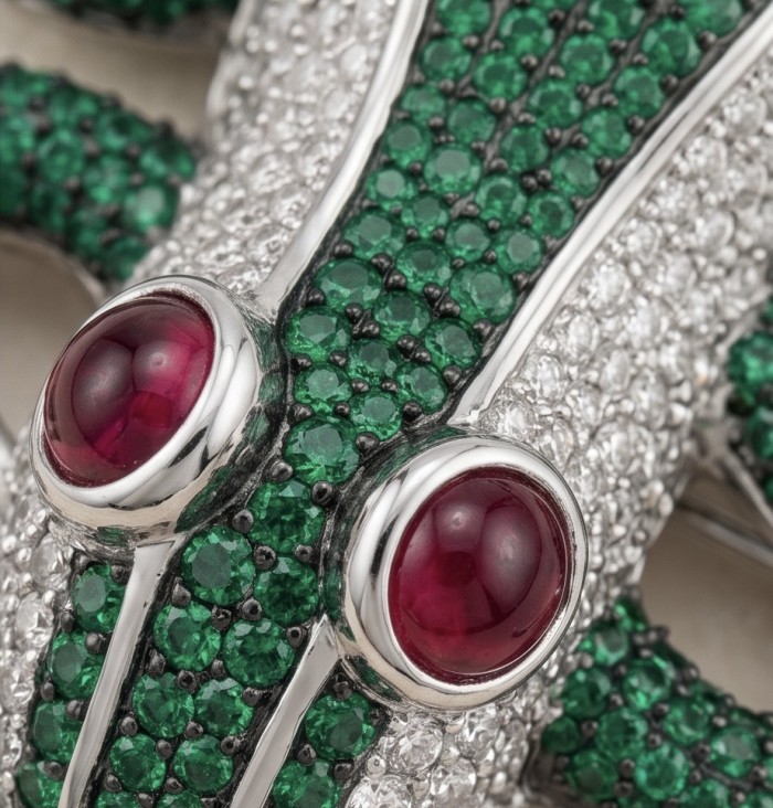 Jumping Frog 5.7 pave Colombian Emerald 1.4 carat Ruby .925 Sterling Silver dipped in rhodium handmade Brooch - Close-up of jumping frog jewelry with emeralds and rubies.