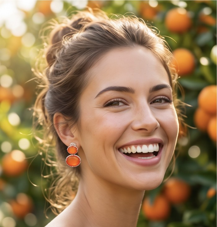 Valentina 4.9 carat Natural Orange Opal rhodium over .925 Sterling Silver handcrafted earrings - Woman wearing Valentina orange opal earrings among orange trees.