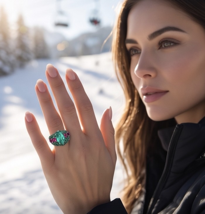 Iconic design - Natural 14.5 carat Emerald 6.8 carat Ruby rhodium over .925 Sterling Silver handcrafted ring size 8 - Emerald and ruby ring worn on hand, snowy background.