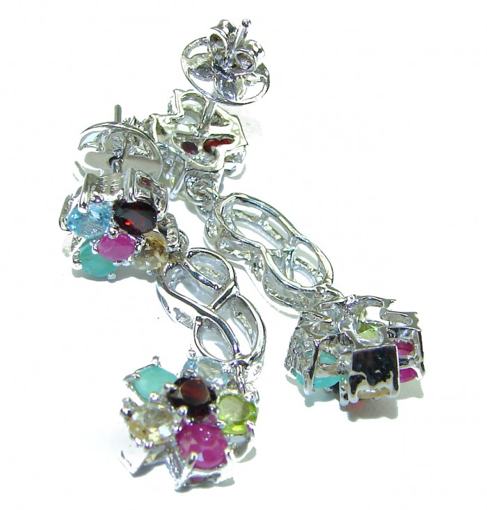 Luxurious Floral design Authentic Ruby Emerald .925 Sterling Silver handcrafted Statement earrings - photo 1