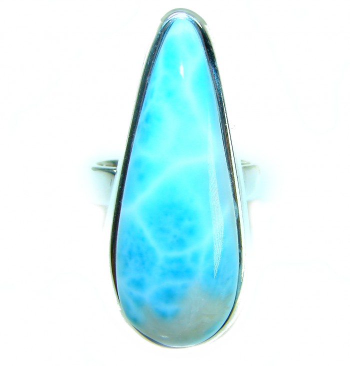 Blue Dreamer authentic Larimar .925 Sterling Silver handmade Large Solid ring size 7 adjustable - Close-up of Blue Dreamer Larimar ring in .925 Sterling Silver.
