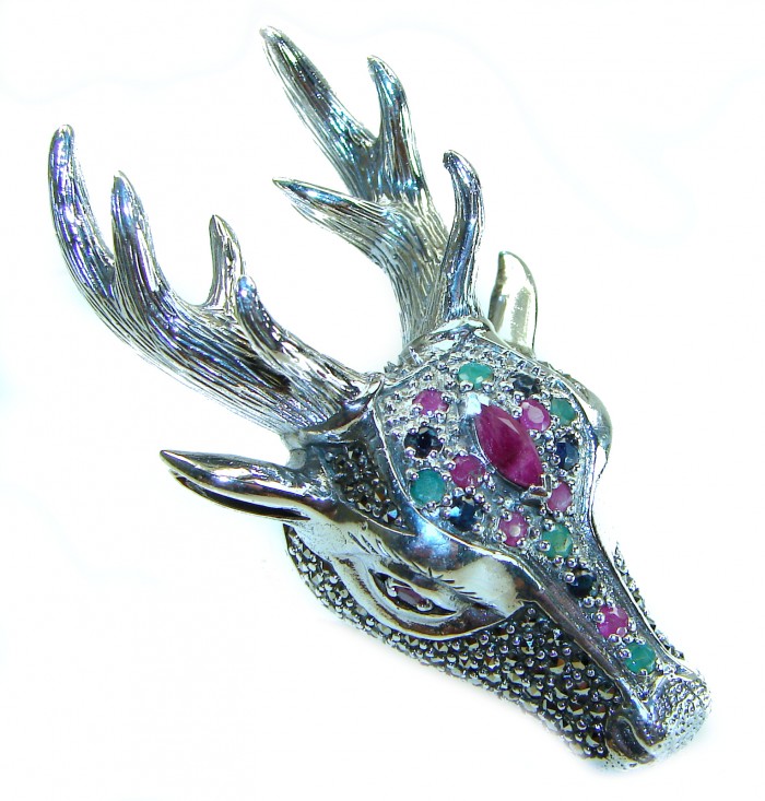 Unisex - Large Deer Head Authentic Ruby Marcasite .925 Sterling Silver handmade Ring size 7 - Deer head ring with rubies and marcasite, front angle view.