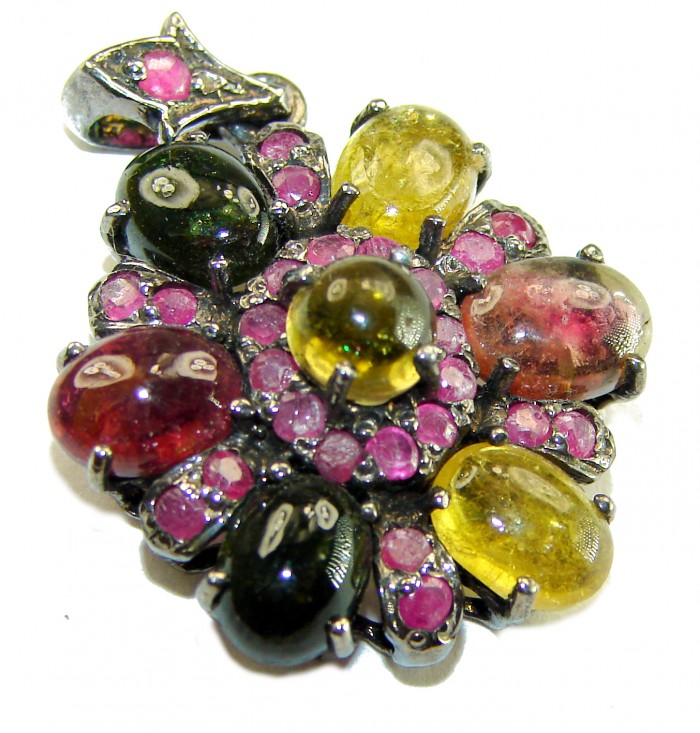 14.5 carat Brazilian Watermalon Tourmaline black rhodium over .925 Sterling Silver handmade Pendant - Close-up of black rhodium pendant with Brazilian watermelon tourmaline stones