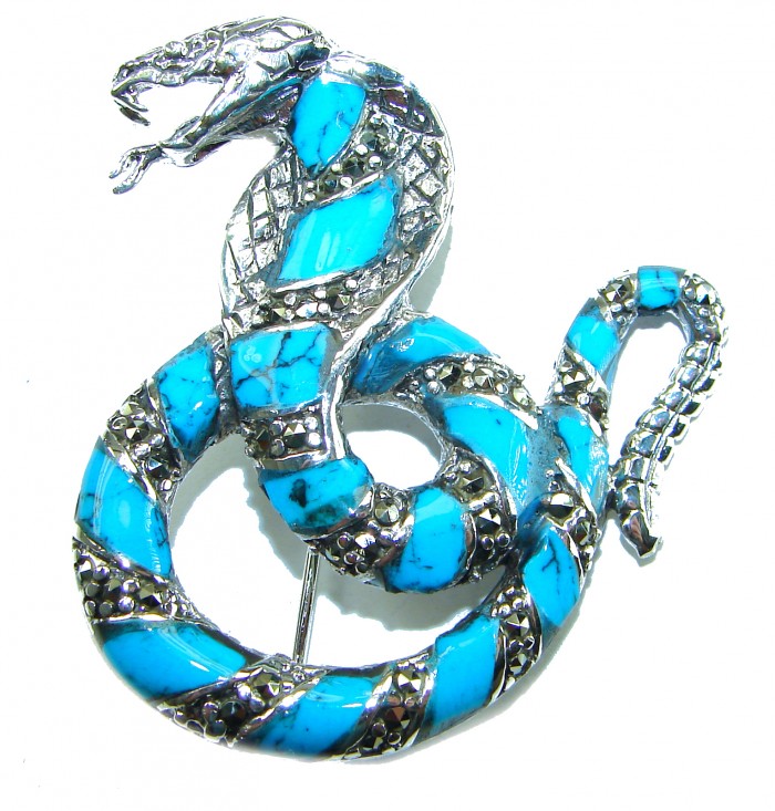 Cobra Snake inlay Turquoise .925 Sterling Silver handcrafted Brooch - Cobra snake turquoise inlay brooch, front view, sterling silver details.