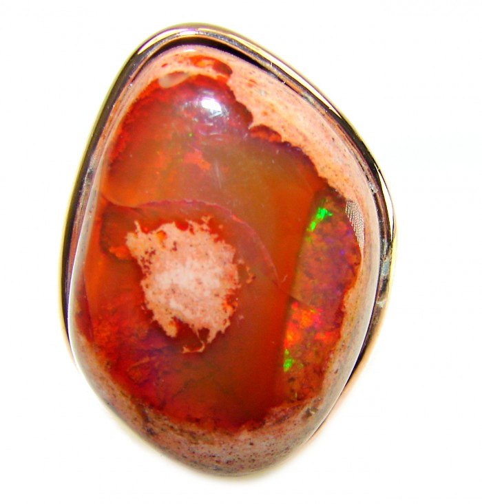 Orange Galaxy best quality 38.4 carat Mexican Opal 18K Rose Gold over .925 Sterling Silver handmade ring 7 - Close-up of 38.4 ct Mexican Opal set in 18K gold.