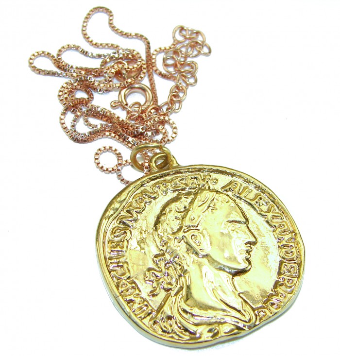 Ave Caesar - Vintage Style Coin .925 Sterling silver and plated with 14K Gold handcrafted necklace - Gold coin pendant necklace close-up on white background.