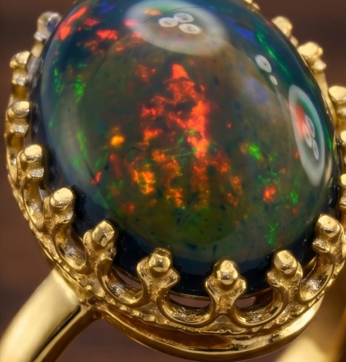 Exotic Beauty Genuine 24.2 carat Black Opal 18K Gold over .925 Sterling Silver handmade Ring size 8 1/4 - Close-up of Exotic Beauty 24.2 carat Black Opal in 18K gold setting.