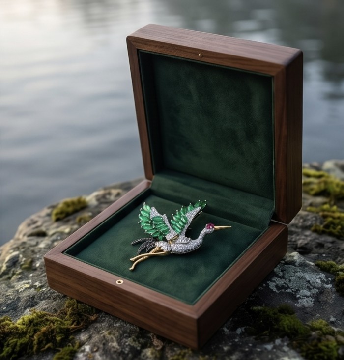 Colorful Precious Heron 24.6 Emerald Ruby Moissanite 2 tones .925 Sterling Silver Pendant Brooch - Colorful heron brooch in open wooden box on rock background.