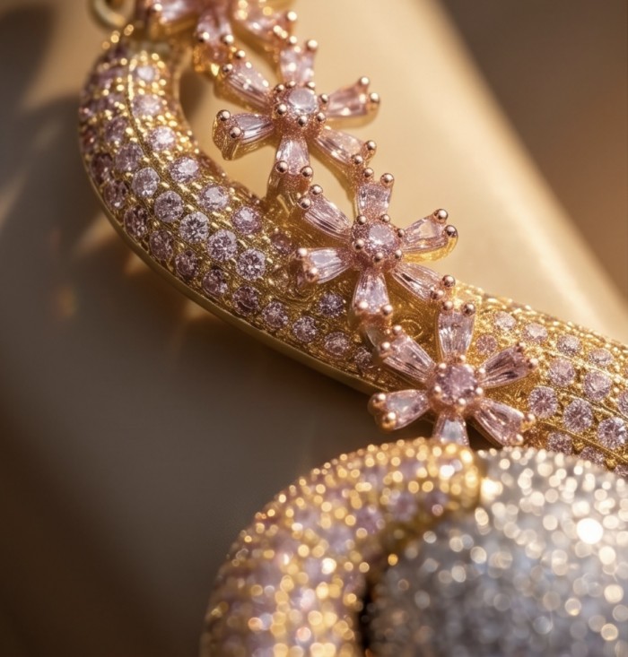 Dubai Style - Pure Luxury - pave 10.7 carat Moissanite .925 Sterling Silver dipped in 18K Gold handmade Earrings - Close-up of Dubai style luxury jewelry with moissanite detail.