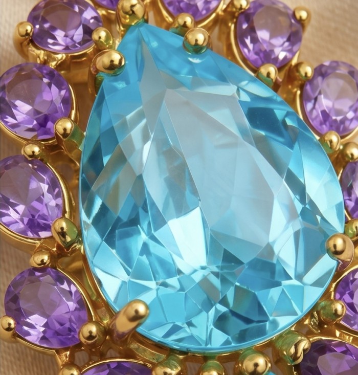 Oceania pear cut 15.8 carat Swiss Blue Topaz .925 Sterling Silver dipped in 22K Gold Handcrafted Pendant - Close-up of Oceania pear cut Swiss Blue Topaz with purple accents