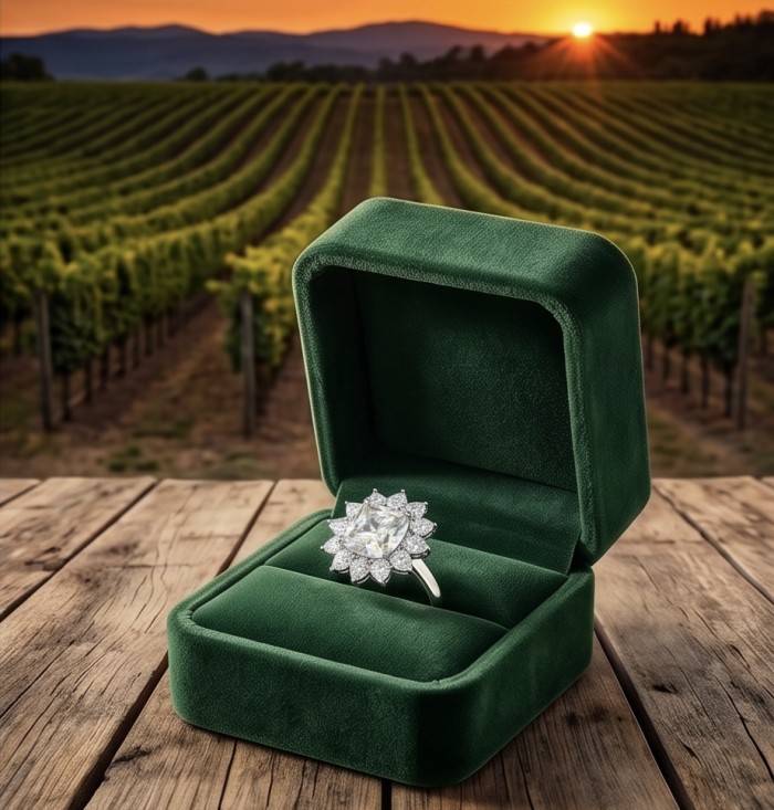 Fiorella Precious 25.5 carat assher cut Natural yellow Sapphire .925 Sterling Silver Statement Large ring size 8 - Fiorella ring in a box, vineyard sunset background, asscher cut close-up