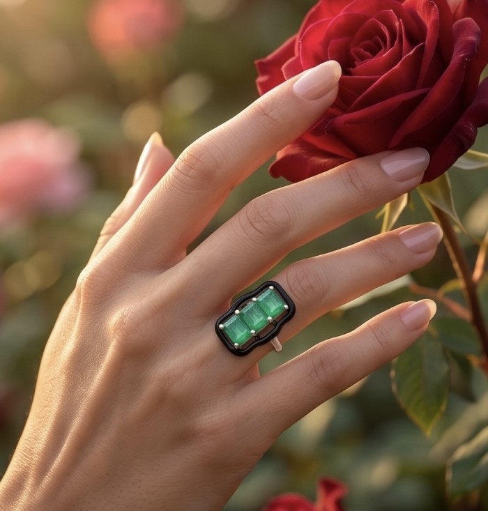 Art Deco 8.2 carat Colombian Emerald black enamel .925 Sterling Silver handcrafted Ring size 7 - Art Deco emerald ring worn on hand with rose in background