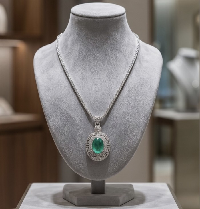 Colombian Briliance - oval cut 15.7 carat Emerald .925 Sterling Silver handcrafted necklace - Front view of oval cut 15.7 carat emerald necklace on display bust.