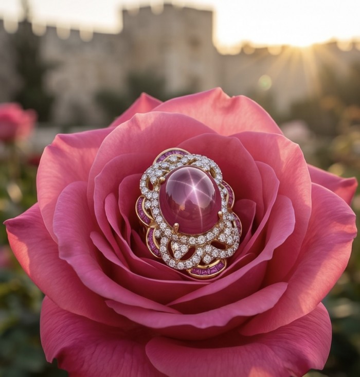 Empress 28.6 ctw Mozambique Star Ruby .925 Sterling Silver dipped in 22K Gold handcrafted Statement Ring size 7 - Star Ruby and diamond brooch on a rose, close-up.