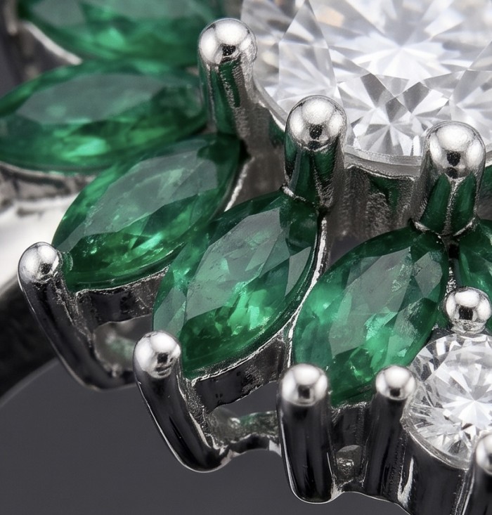 Giovanna - Authentic 5.9 carat COLOMBIAN EMERALD .925 Sterling Silver handcrafted handcrafted Ring size 7 1/4 - Close-up of Colombian emerald ring, sterling silver setting details.