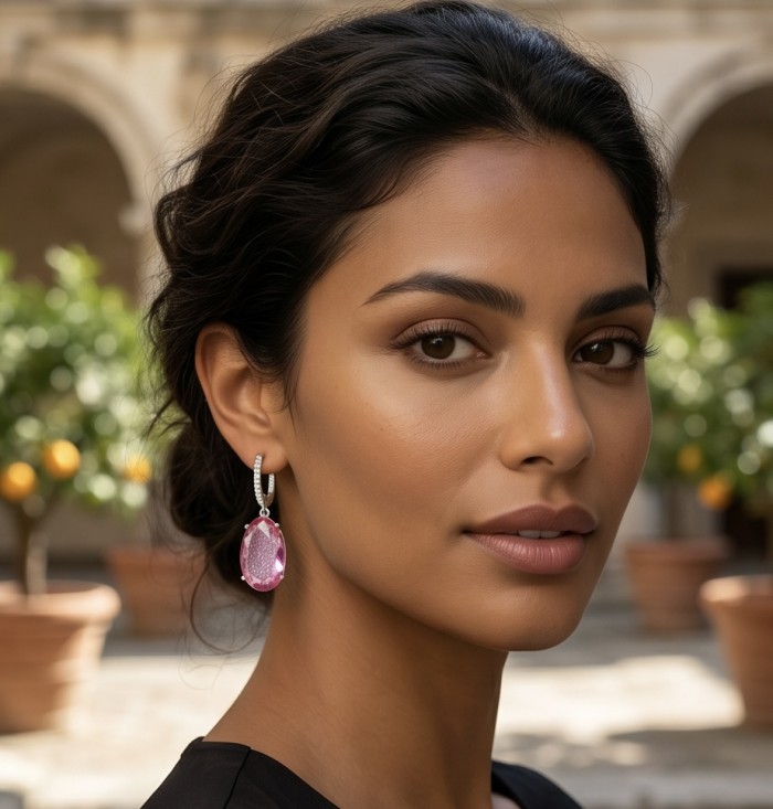 Angelina 14.9 carat authentic Pink Tourmaline .925 Sterling Silver Handcrafted Earrings - Woman wearing Angelina pink tourmaline earring, side portrait view.