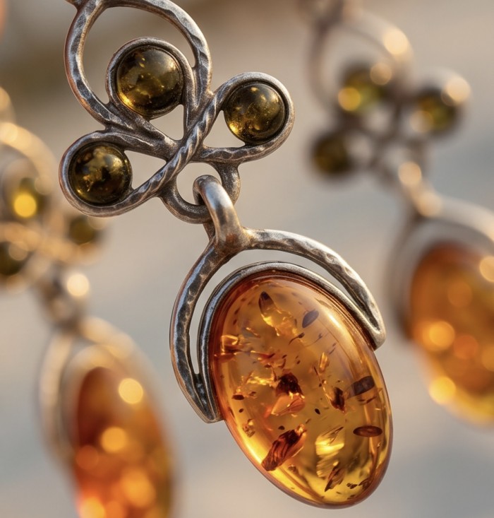 Natural Baltic Amber .925 Sterling Silver handmade earrings - Close-up of natural Baltic amber and silver earrings details.