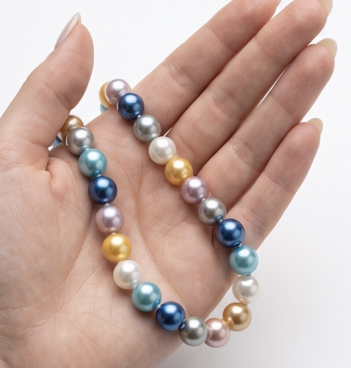 Colors of the Ocean - Outstanding Pearl .925 Sterling Silver handcrafted Statement necklace - Colors of the Ocean pearl bracelet held in hand, showcasing colorful pearls.