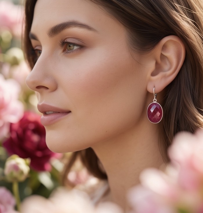Giovanna Natural 22.2 carat Kasmir Ruby 18K Gold over .925 Sterling Silver handcrafted Statement earrings - Side view of woman wearing Giovanna Ruby earring amidst flowers.