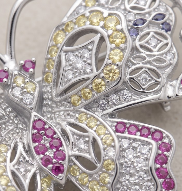 Vintage Design - Red Butterfly - Genuine 4.2 carat Ruby .925 Sterling Silver handmade Pendant Brooch - Close-up of vintage butterfly brooch with ruby and yellow gemstones.
