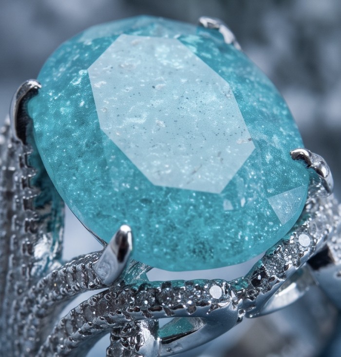 Marina tiffany Blue 17.8 carat Aquamarine .925 Sterling Silver handcrafted Large ring size 7 1/4 - Close-up of Marina Tiffany Blue aquamarine in sterling silver setting