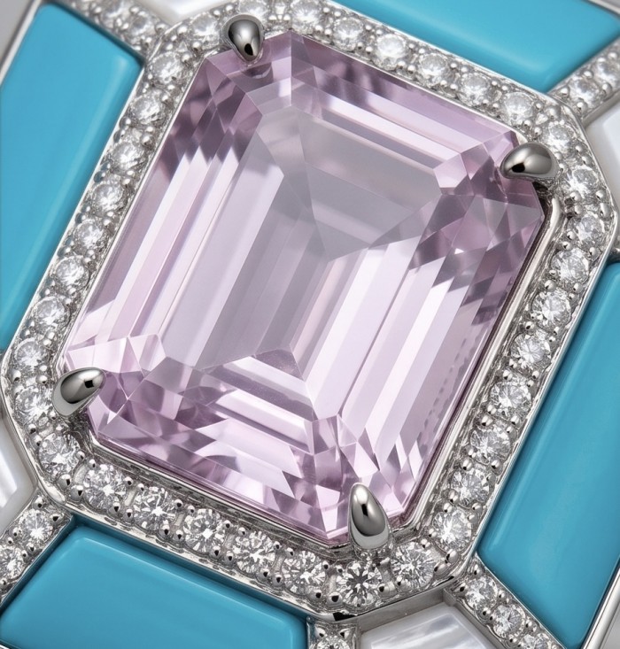 Emily - Art Deco -Precious genuine 10.2 carat Kunzite inlay Turquoise .925 Sterling Silver handcrafte Cocktail Ring s. 6 1/4 - Close-up of Art Deco Kunzite jewelry with diamonds and turquoise.