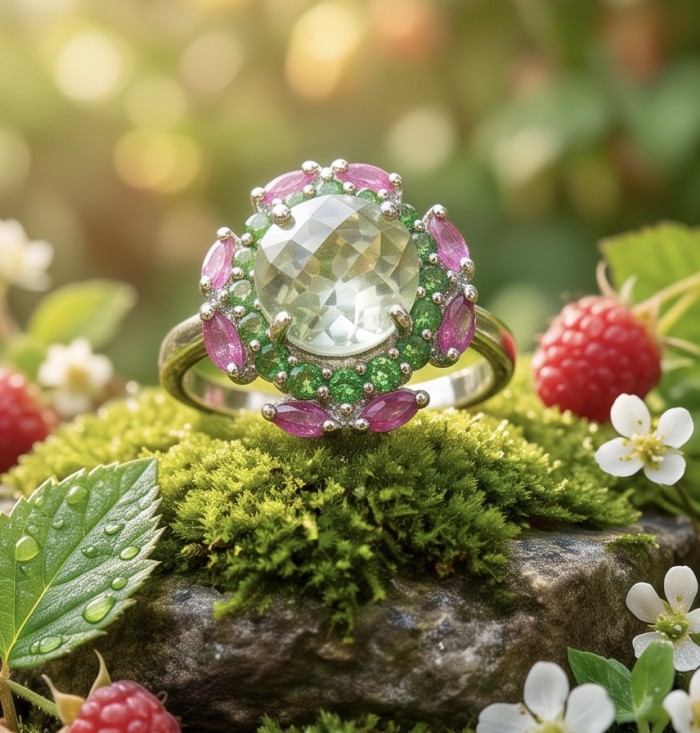 Natural 4.9 carat Green Amethyst .925 Sterling Silver handmade Statement Ring size 8 - Green Amethyst ring on moss with berries and flowers, stone close-up.