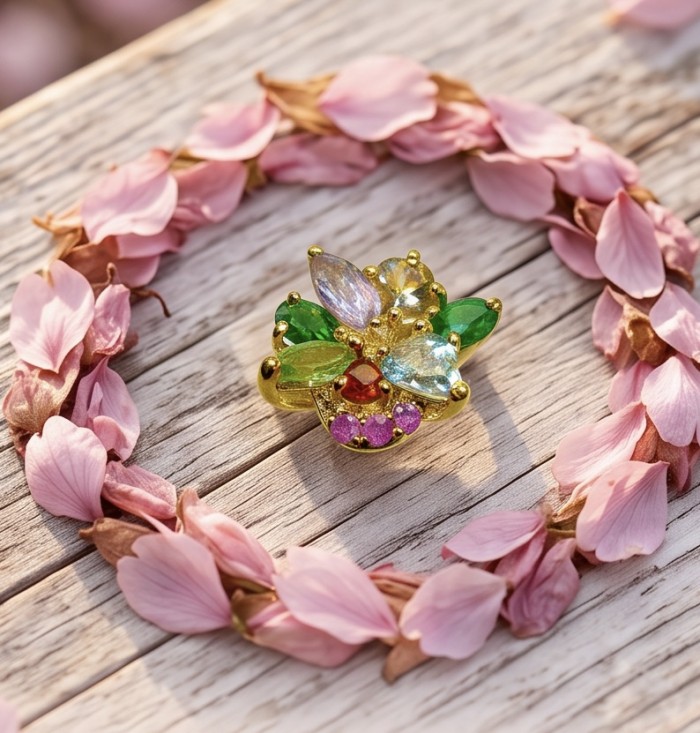 Flower 5.8 carat Multigem 18K Gold over .925 Sterling Silver Handcrafted Ring size 7 - Top view of multigem flower ring with pink petal decoration.