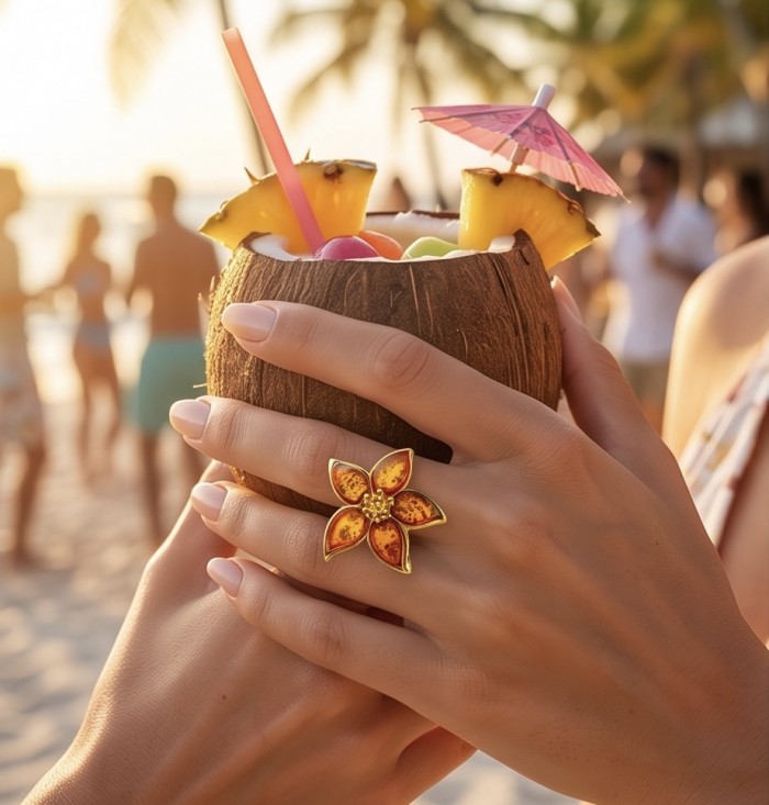 Golden Flower Authentic Baltic Amber 18K Gold over .925 Sterling Silver handcrafted ring; s. 7 adjustable - Golden flower amber ring worn on hand, holding a coconut drink at the beach.