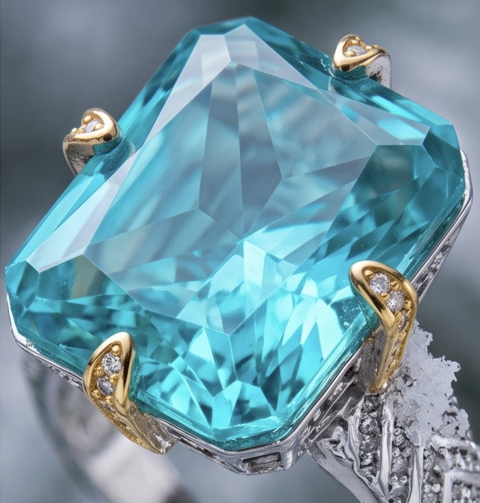 Oceania baquette cut 22.5 carat Paraiba Tourmaline 2 tones .925 Sterling Silver Handcrafted Ring size 8 - Close-up of Oceania baguette-cut Paraiba Tourmaline ring