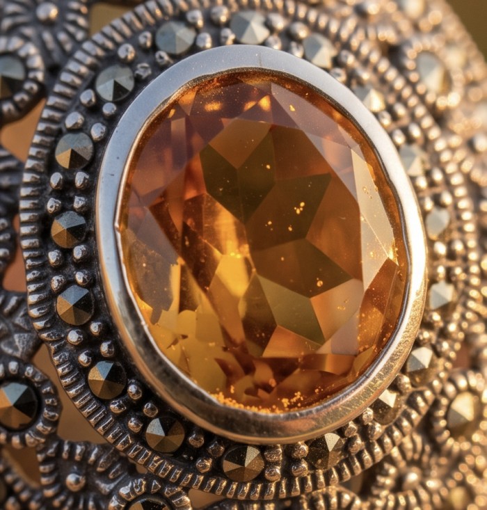 Authentic oval cut 7.2 carat Golden Topaz rhodium over .925 Sterling Silver ring s. 6 - Close-up of 7.2 carat oval Golden Topaz in rhodium over .925 silver setting.