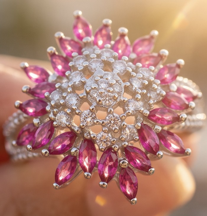 Scarlett 2.4 ctw Mozambique Ruby .925 Sterling Silver handcrafted Statement Ring size 8 - Close-up of Scarlett 2.4 ctw Mozambique Ruby ring in sunlight.