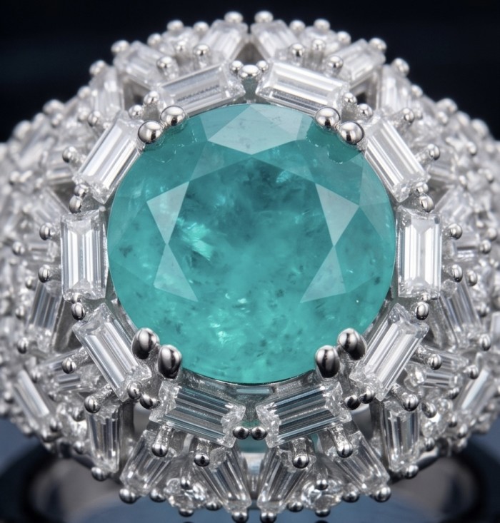 Elizabeth round cut 6.2 carat Colombian Emerald .925 Sterling Silver dipped in Rhodium handcrafted Ring size 9 - Close-up of Elizabeth round cut 6.2 carat Colombian Emerald stone.