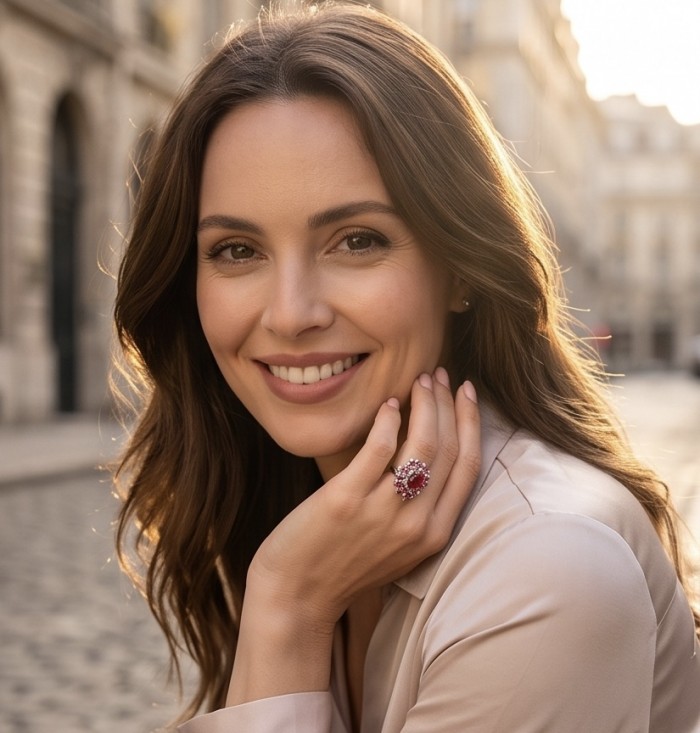 Bella Rosa Genuine 10.5 CARAT Ruby rhodium over .925 Sterling Silver Statement Ring size 6 3/4 - Ruby ring worn on hand, highlighting the stone and setting.