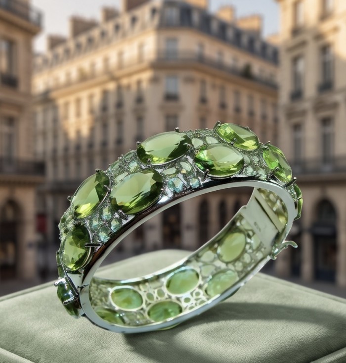 Tiffany - Authentic 45.2 carat Green Tourmaline .925 Sterling Silver handcrafted Statement bangle Bracelet - Side view of green tourmaline bracelet on display cushion.
