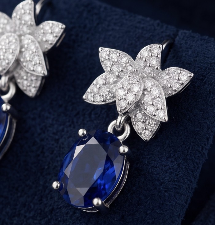 Best quality 5.5 carat African Kyanite .925 Sterling Silver dipped in rhodium handcrafted earrings - Close-up of floral earrings with blue kyanite and diamonds.