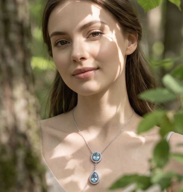 Endless Beauty 6.5 carat Swiss Blue Topaz .925 Sterling Silver Handcrafted necklace - Woman wearing Endless Beauty 6.5 carat Swiss Blue Topaz necklace in forest.