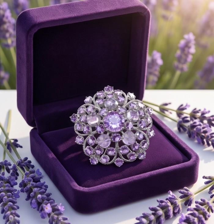 Mademoiselle - Vintage Design 45.4 CARAT Brazilian Pink Amethyst rhodium over .925 Sterling Silver handcrafted Pendant & Brooch - Vintage brooch in velvet box, top view, surrounded by lavender flowers.