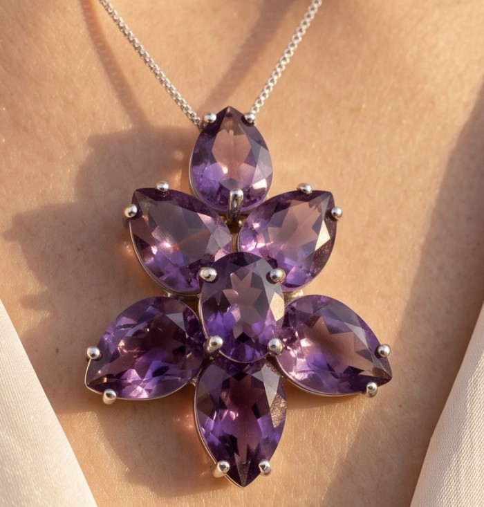 Authentic 24.5 carat Brazilian Amethyst rhodium over .925 Sterling Silver handcrafted Statement Pendant - Close-up of Brazilian Amethyst pendant worn on neck.