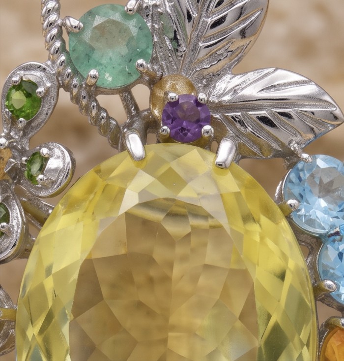 Timeless Beauty genuine 45.2 CARAT Lemon Topaz .925 dipped in Rhodium Sterling Silver handmade Pendant Brooch - Stone close-up of 45.2 carat lemon topaz with colorful accents.