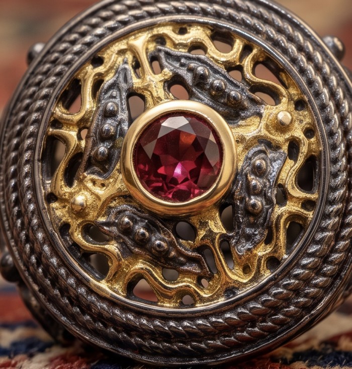 Vintage design Natural 1.8 carat Garnet 2 tones black rhodium .925 Sterling Silver handmade Statement Ring size 6 1/4 - Close-up of vintage two-tone garnet brooch with intricate design.