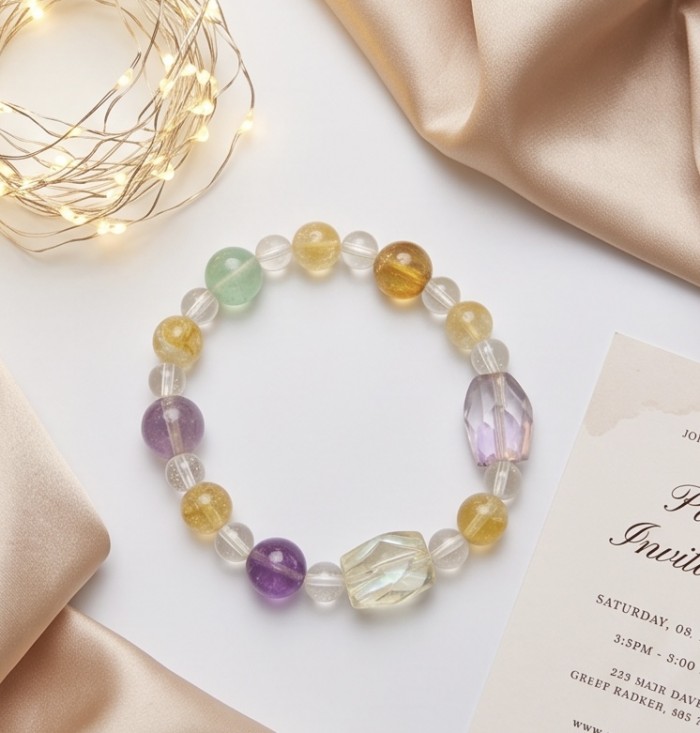 Top quality Genuine Fluorite stretch handcrafted bracelet - Fluorite bracelet on satin surface, with lights and invitation card nearby.