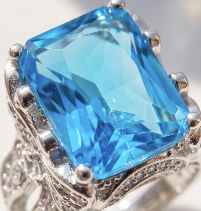 Ocean Blue 14.2 carat Swiss Blue Topaz .925 Silver handcrafted Cocktail Ring s. 6 1/4 - Close-up of Ocean Blue Swiss Blue Topaz in .925 Silver setting